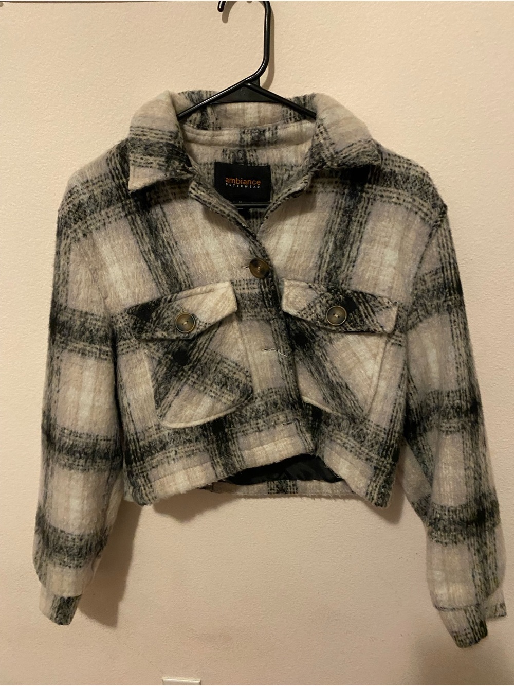 Ambiance Black and Cream Plaid Cropped Shacket